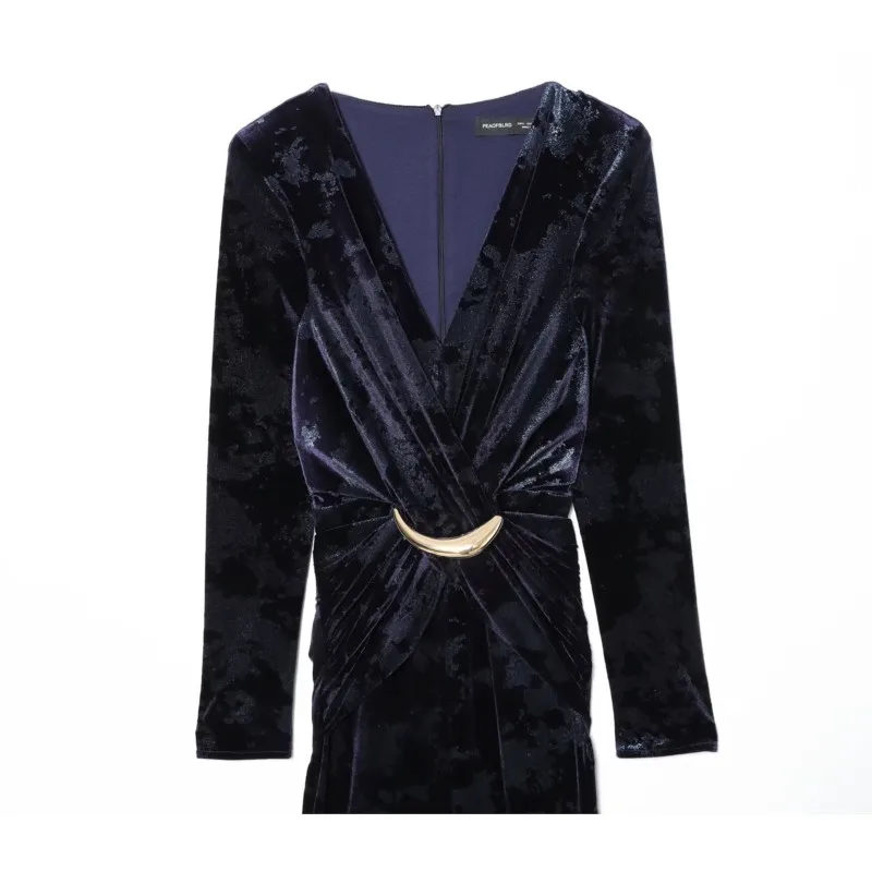 Frühling Herbst Frauen Samt Midi Kleid mit Metall Schnalle Lässig Elegante Dünne Drapierte frauen Lange Kleid Mode Weibliche Party Kleid