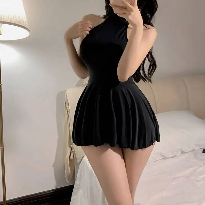 Lencería sexy blanca, gris y negra, mono con recortes, falda corta, medias, conjunto de uniforme, pijamas para mujeres, ropa interior, body