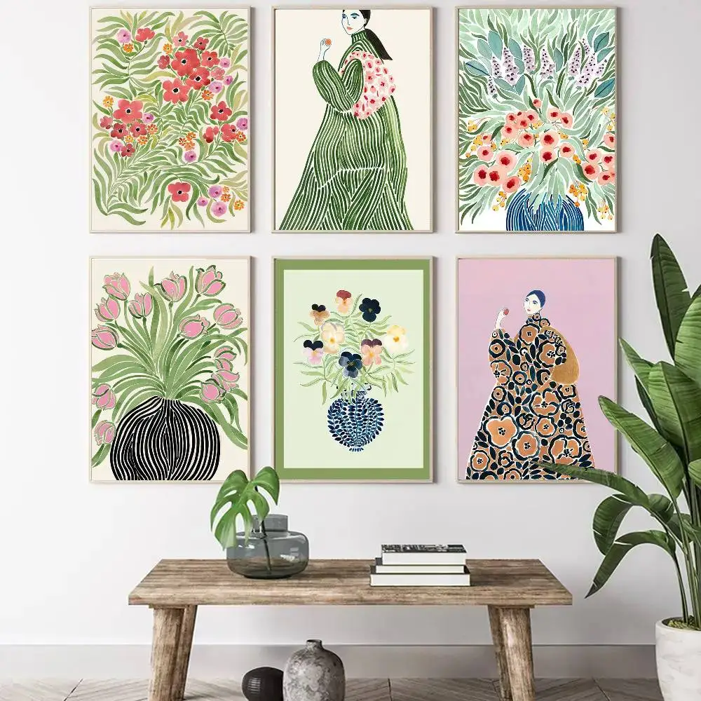 Tulip Violets Vase Woman Poster Art Sticky Wall Waterproof Home Living Room Bedroom Bar Aesthetic Decoration