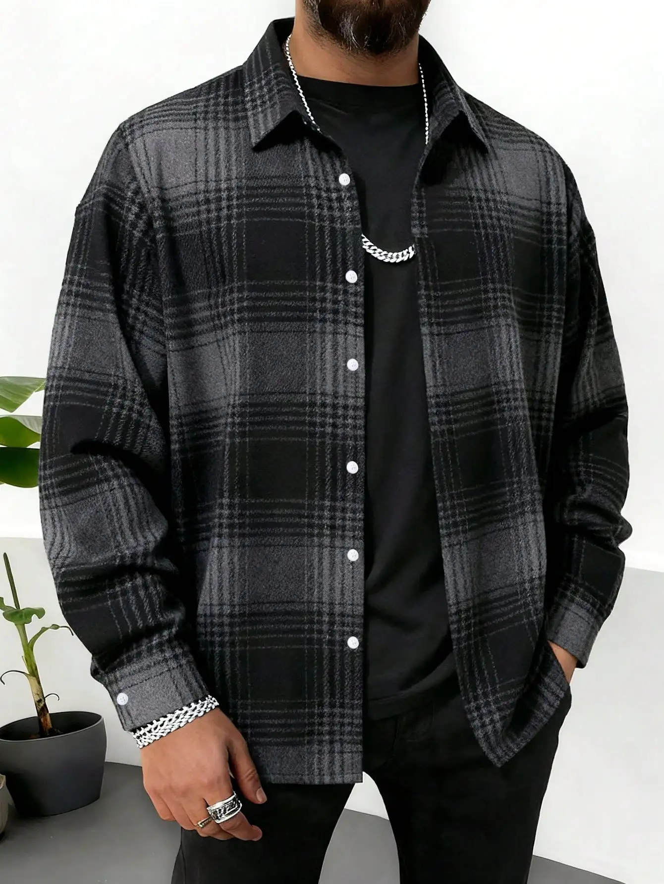 

Men's Oversized Grey Plaid Flannel Long Sleeve Shirt, Casual Business Style