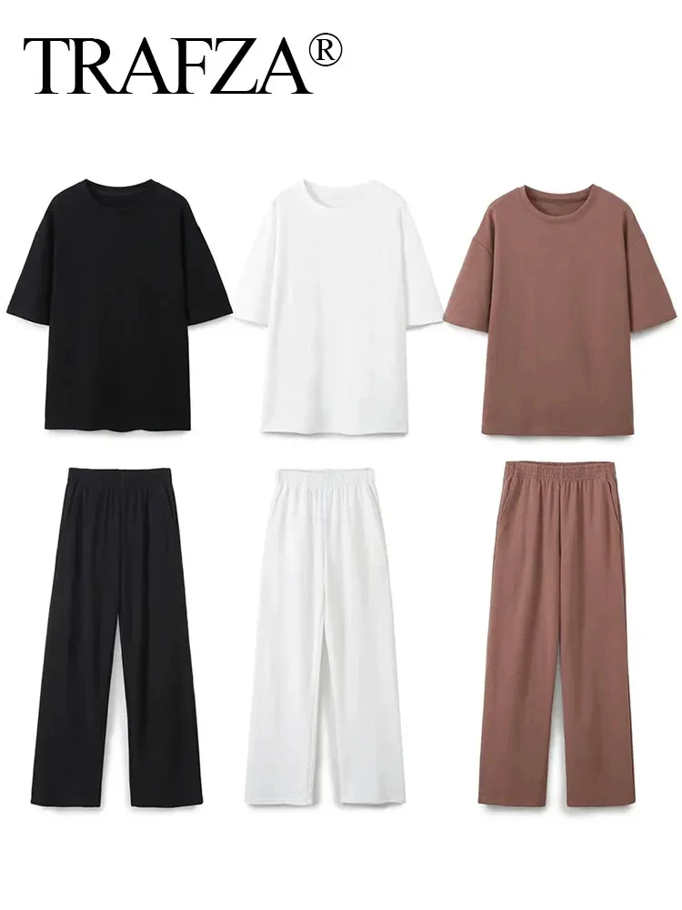 TRAFZA Female Causal Cozy Solid Pants Suit Short Sleeves O Neck T-Shirts Top+Elastic Waist Straight Trousers Summer Street Set