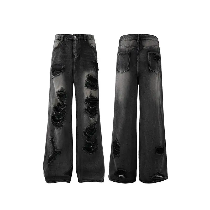 Calças Jeans Estilo Americano com Design Exclusivo e Detalhes Rasgados, Unissex, Estilo Escuro, Corte Limpo, Perna Larga, Abo...