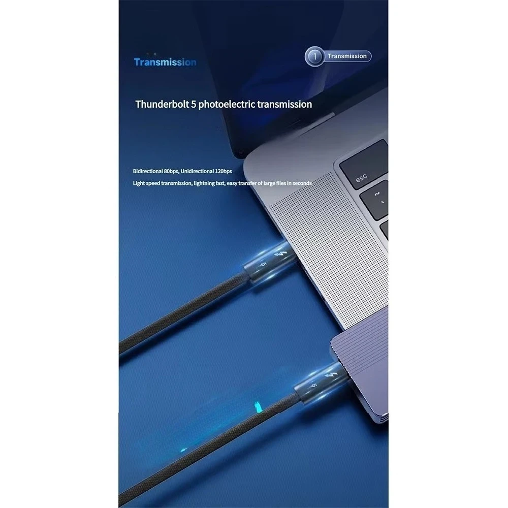 Kabel do transmisji danych Thunderbolt 5 80 Gb/s, 240 W, kompatybilny z Thunderbolt 4, USB4, pełna obsługa funkcji transmisji, szybkie ładowanie, Type-C — zdjęcie produktu 2