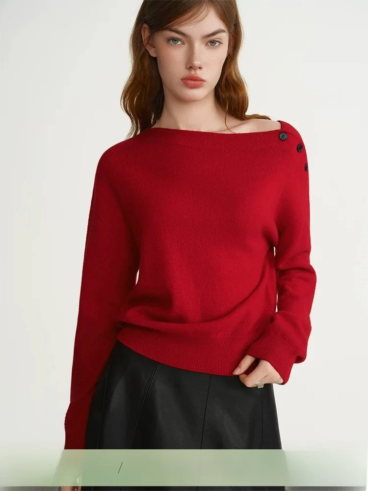 

Festive Aosphere Red Knitted Sweater One-oulder Design Large Size Women's Faion Commute Sle Winter Long Sve Woolen