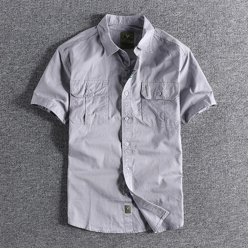 

2025 Summer New American Retro Short Sleeve Lapel Cargo Shirt Men's Simple 100% Cotton Washed Double Pockets Casual Slim Blouses
