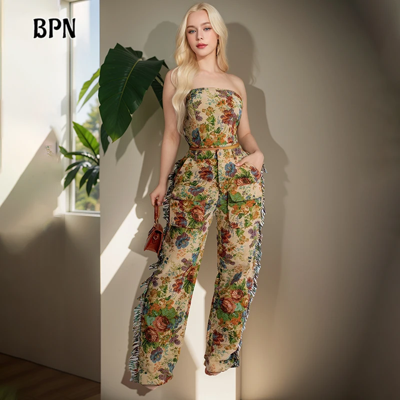 

BPN Hit Color Two Piece Sets For Women Strapless Sleeveless Tops Spliced Zipper High Waist Pants Patchwork Tassel Set Female New