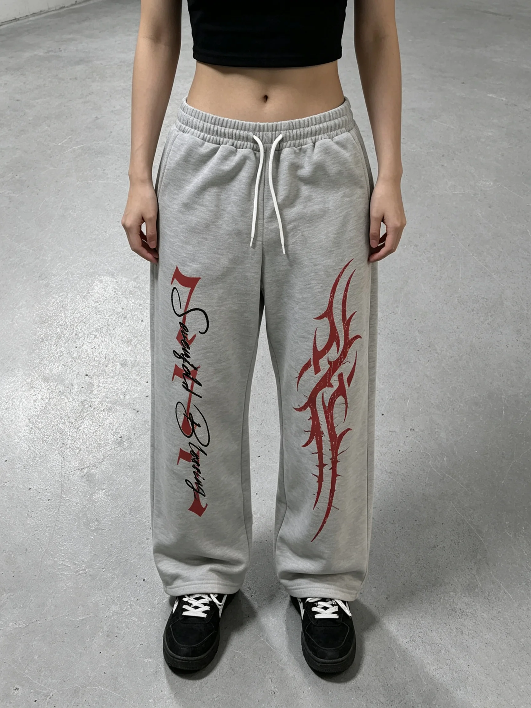 Wide Leg Trousers, Tribal Flame Letter Graphic Print, Drawstring Elastic Waist, Hip Hop Streetwear Casual Loose Pants