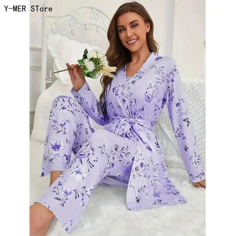 

Women 3 Piece Loungewear Set, Spaghetti Strap Nightgown + Kimono Robe + Long Pants Ladies Home Sleepwear Pajama Suit