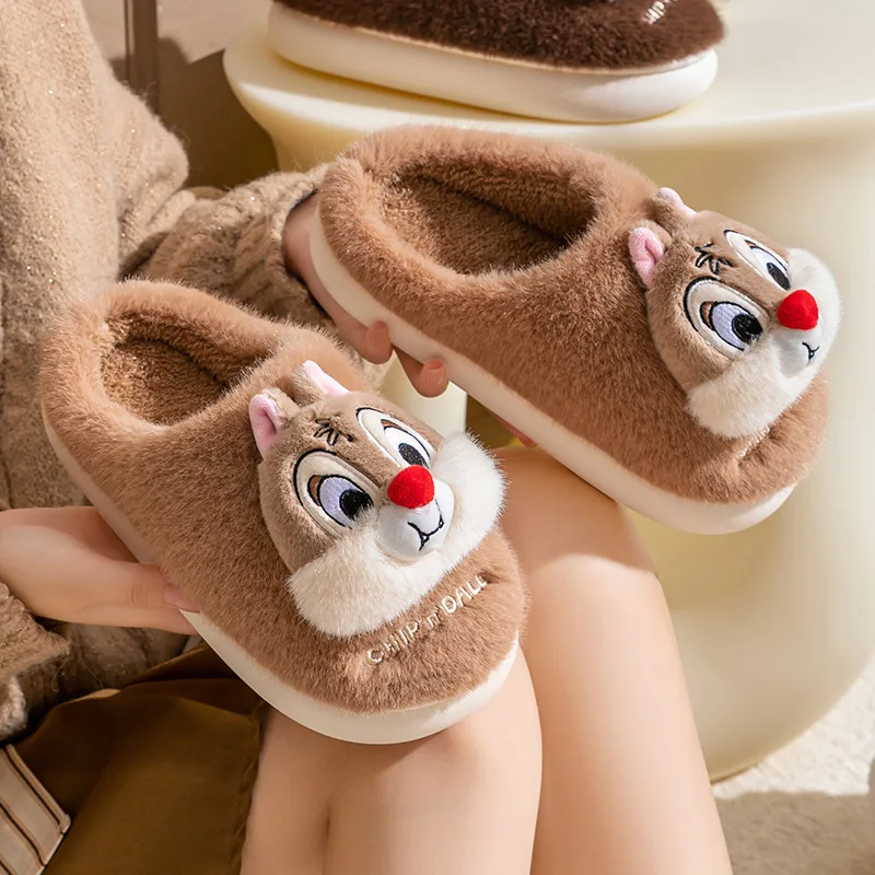 Disney Anime Chip Dale Plush Slippers Cartoon Cute Girl Winter Warm Non Slip Cotton Slippers Indoor Home Couple Shoes