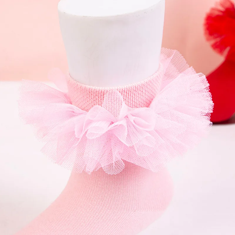 Cotton Frilly Short Socks with Fluffy Lace Edges and Multiple Pleats for Royal Princess Girls 1-12 Years view 5