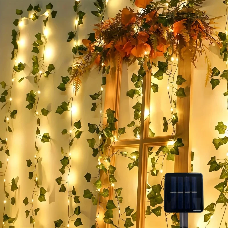12mSolar Ivy String Lights LED Outdoor Vite artificiale Ghirlanda di Natale Fata String Lampada per piante Foglia d'acero Stringa di rattan verde