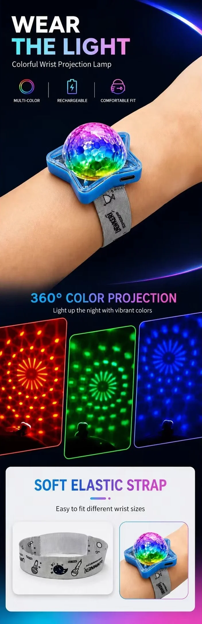 RGB Disco Wrist Projector Light 4‑Pack Rechargeable Wearable 360° Dynamic Color Projection Night Light For Festival Dance Party