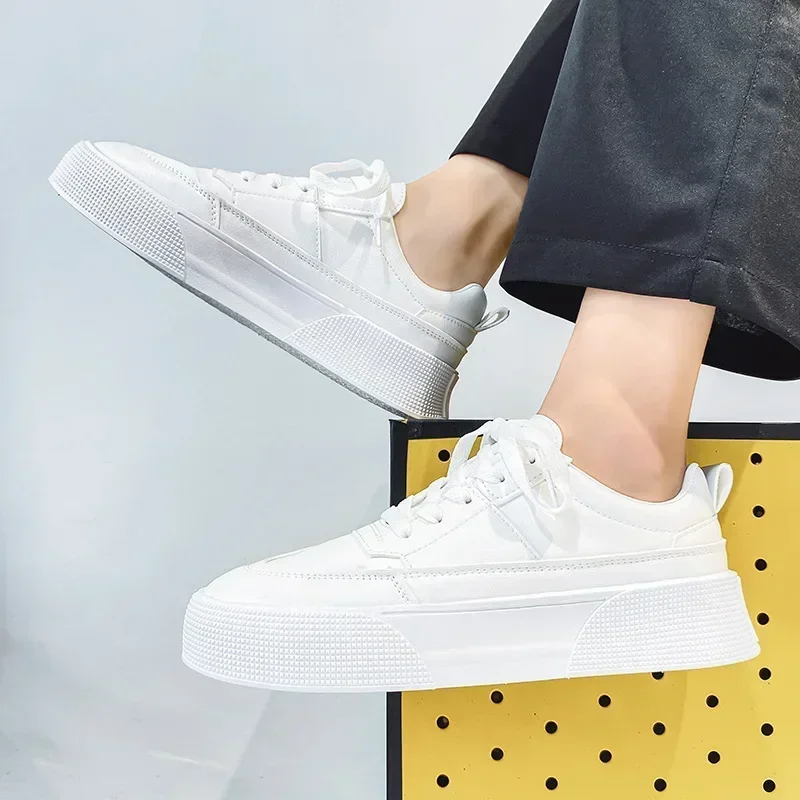 Men White Shoes Leather Casual Sneakers 2024 Trend Platform Shoes Comfortable Vulcanized Shoes for Men White Tenis Masculinos