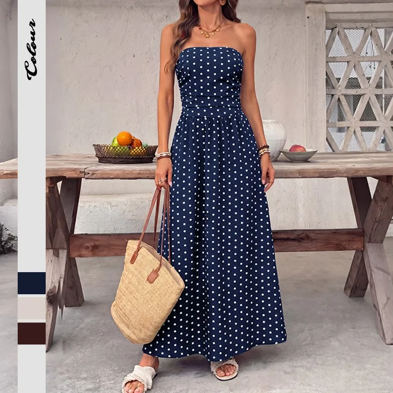

Summer Dress Woman Tube Top Dresses Polka Dot A Line Maxi Dress Sleeveless High Waist Sundress Blue And White Wrap Bodice