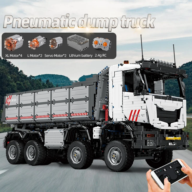 MOULD KING 19013 Technik Pneumatic Tipper Lorry  Building Blocks APP RC Dump Truck Kids Adults Construction Toys