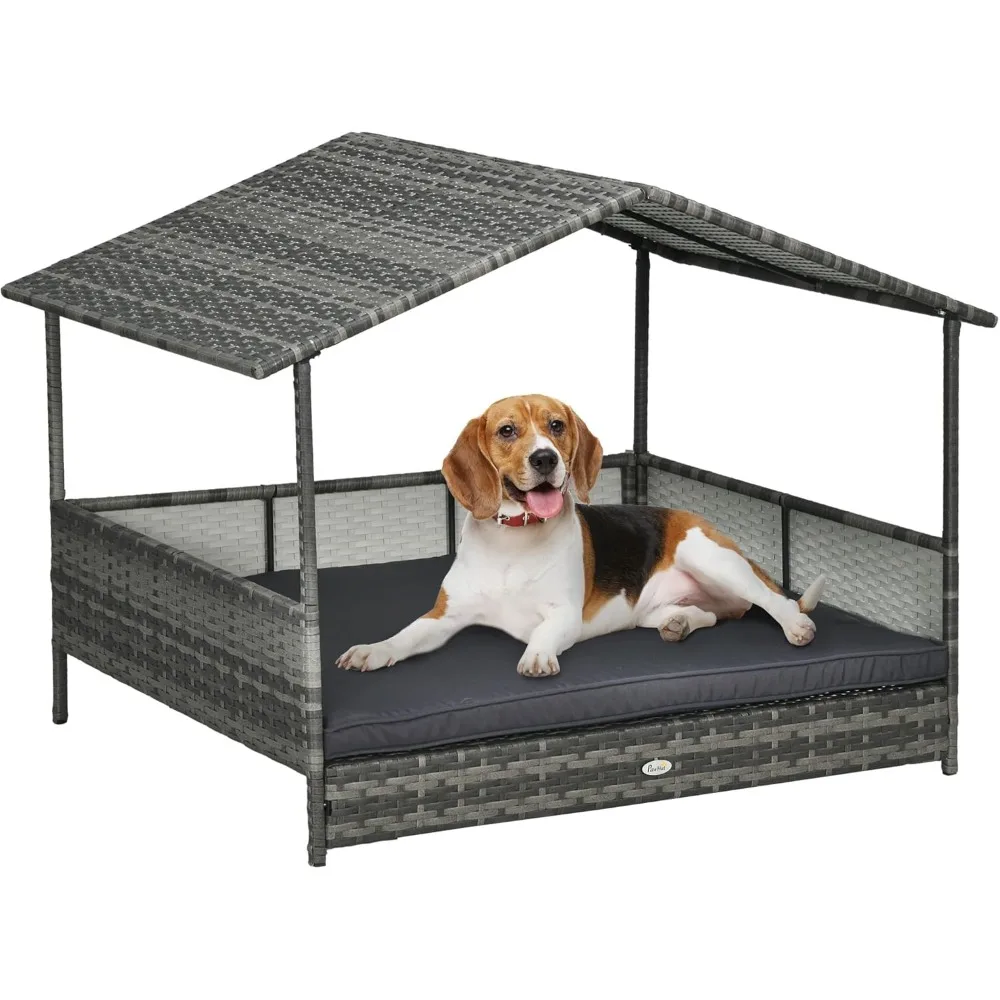 

Outdoor Wicker Dog House with Canopy, Rattan Dog Bed with Soft Cushion Removable Cover for Medium and Large Dogs, Dark Gray