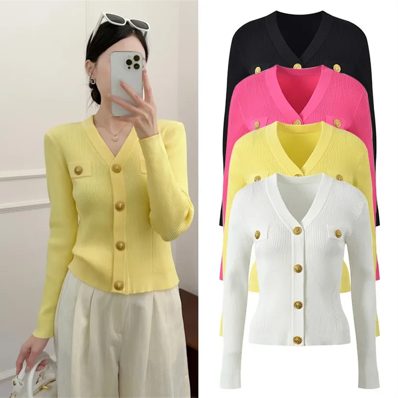 High End European Goods High Sense Gold Buckle Graceful V-neck Top Women Slim Fit All-match Temperament Long Sleeve Knit Card...