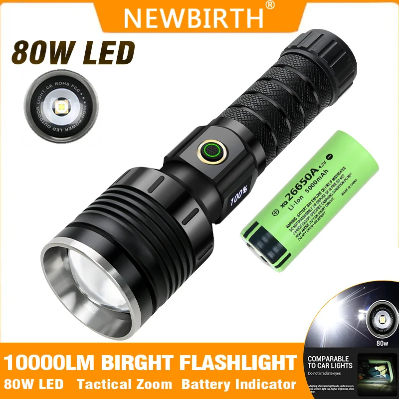 80W High Power Led Flashlight 10000 Lumen Rechargeable Tactical Torch 26650 Battery Zoom Waterproof Camping Lantern Power Bank