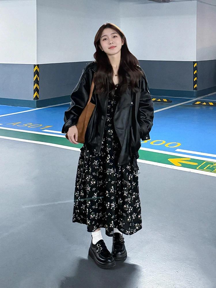 

Кожаная куртка Fuyan черного цвета для женщин: повседневная, винтажная, модная, приталенная, в стиле пилот, весна-осень, новинка