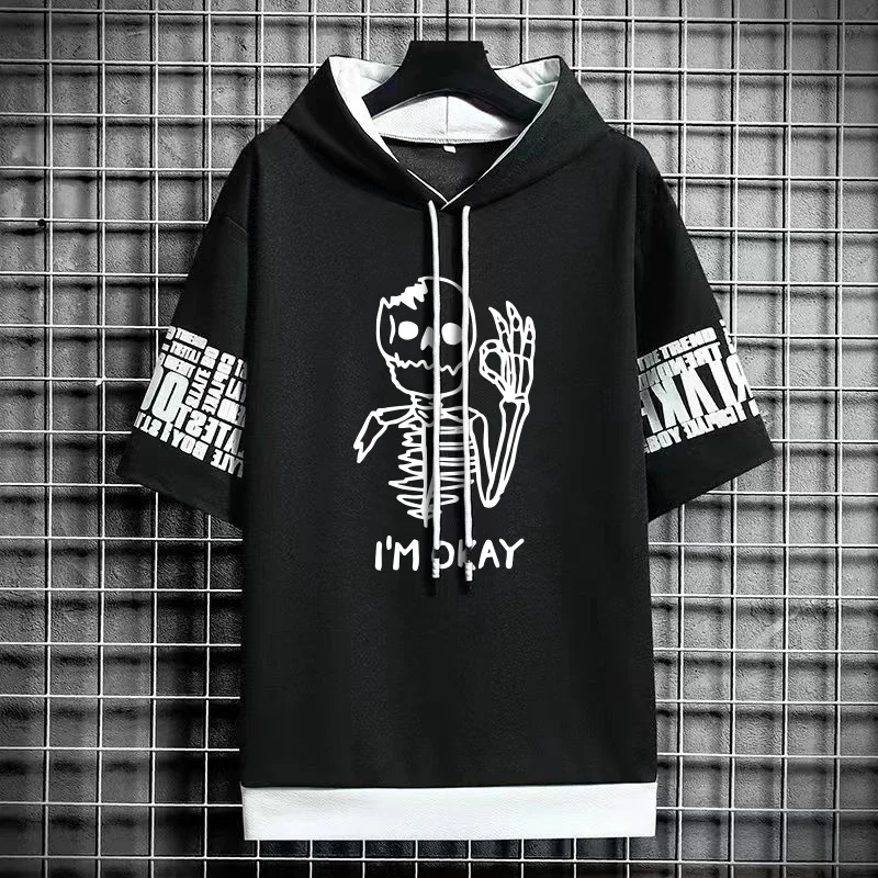 Short Sleeve Hoodies 2024 Summer Men Clothing Sweatshirts American Fashion Harajuku Men Streetwear Print Skulls Hoodies Men New