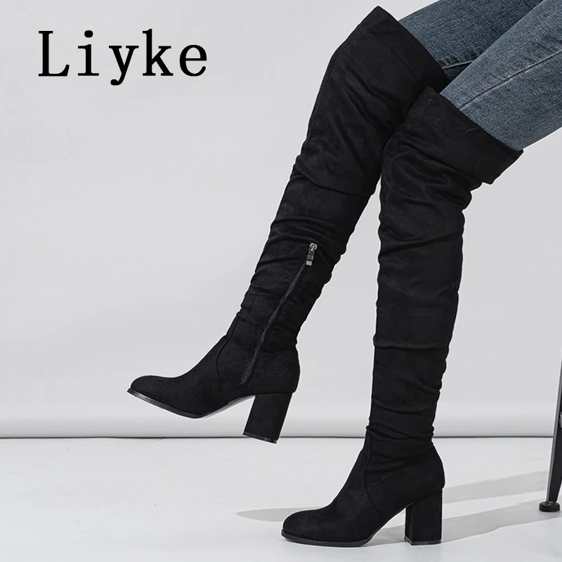 Liyke 2024 New Fashion Round Toe Zip Thigh High Boots Women Autumn Winter Chunky Heels Motorcycle Over The Knee Shoe Botas Mujer