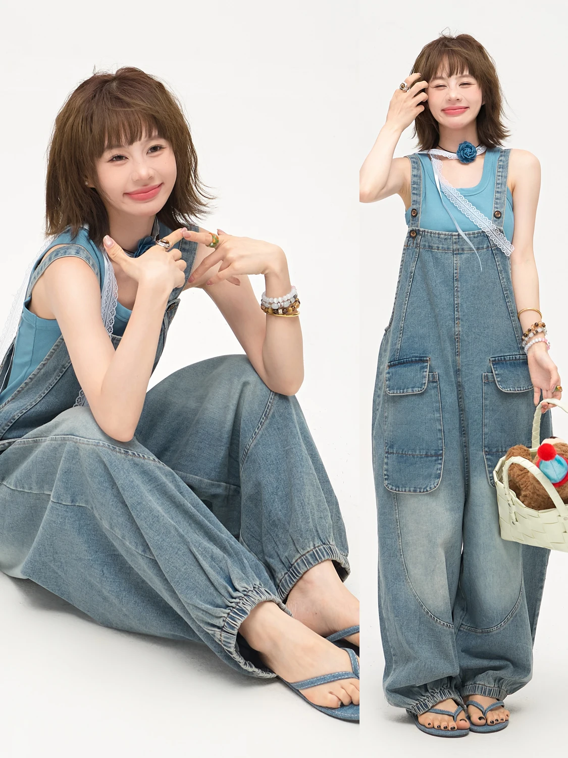 

Свободные повседневные женские комбинезоны в стиле кэжуал, летние синие джинсовые брюки-карго с высокой талией, хлопковые комбинезоны с карманами, широкие джинсы