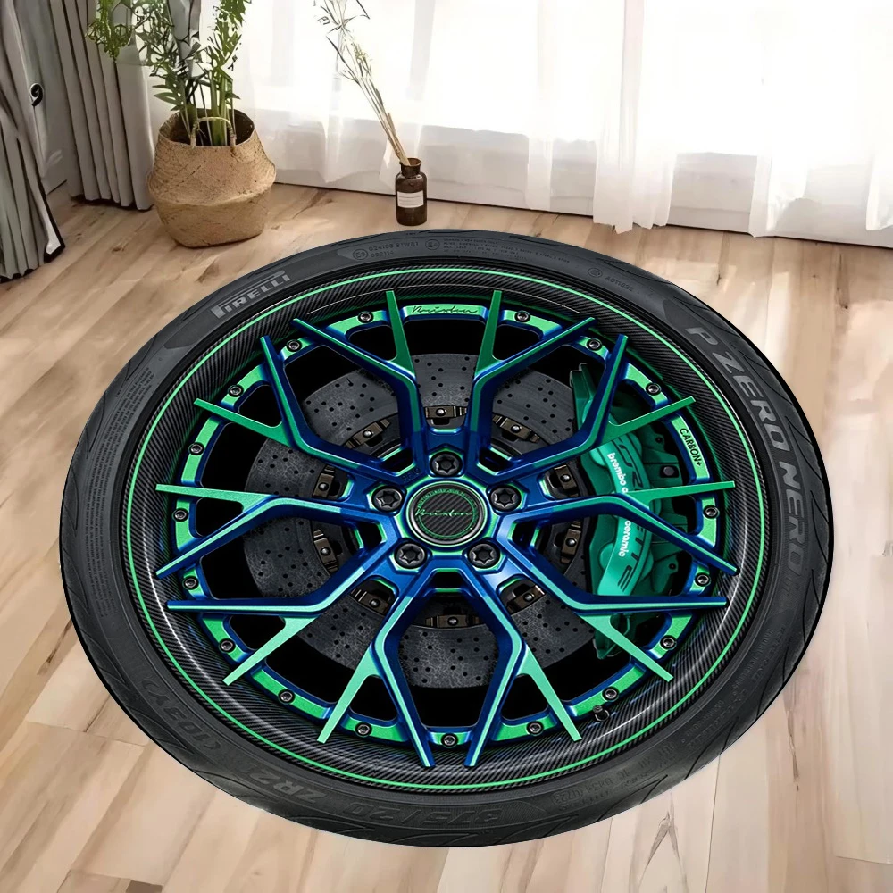

Gold Accent Wheel-Inspired Rug with Metallic Finish – Anti-Slip Floor Mat for Garage & Home Decor