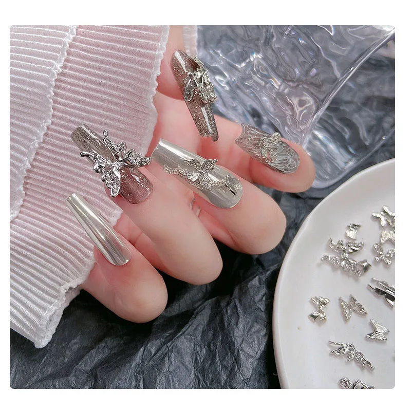 50pcs Retro Silver Alloy Bow Nail Charms Luxury Ribbon Butterfly Wings Y2K Metal Nail Art Rhinestones Decor Manicure Accessories