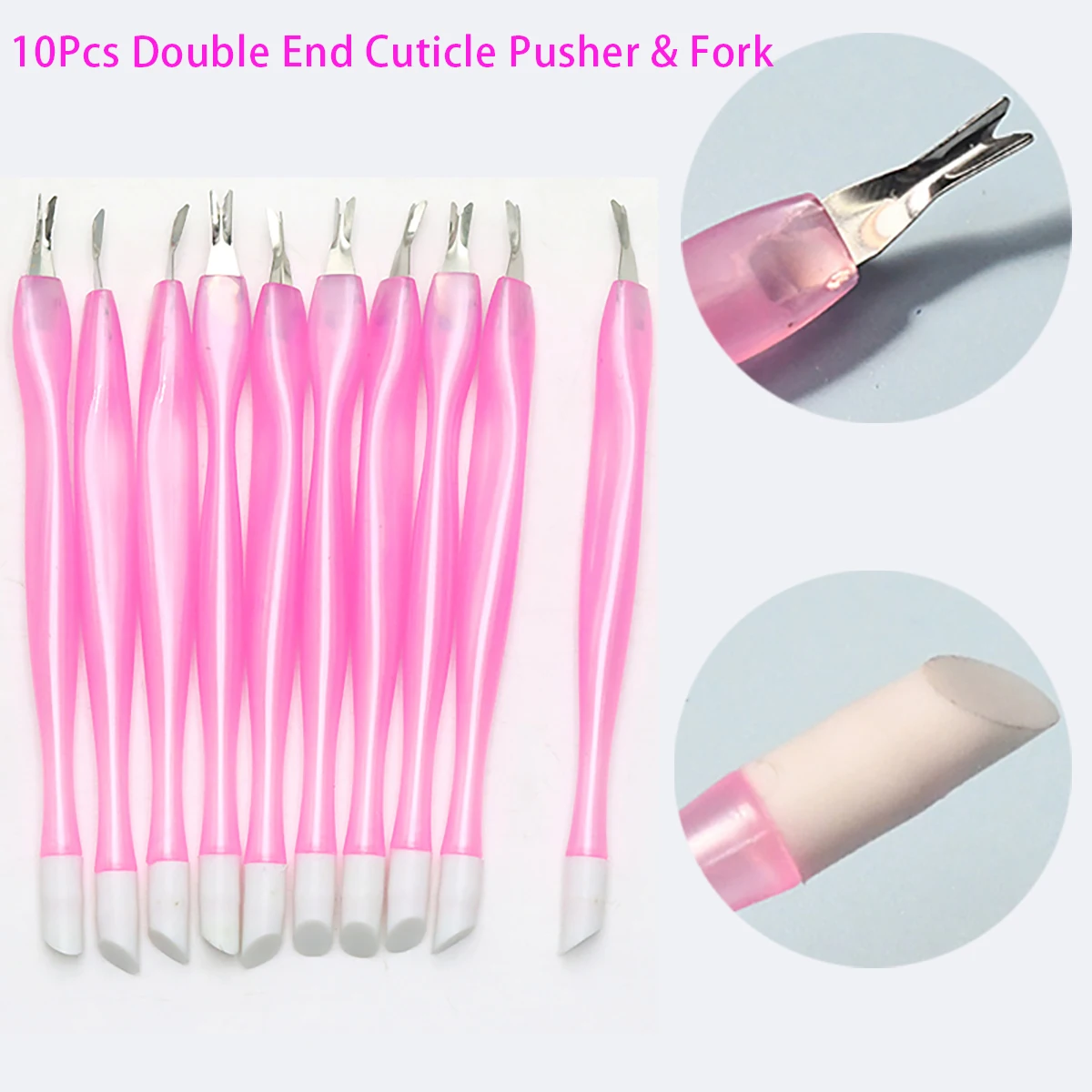 

10Pcs Double End Soft Nail Cuticle Pusher Dead Skin Fork Stainless Steel Pink Plastic Handle PedicureTools Professional Manicure