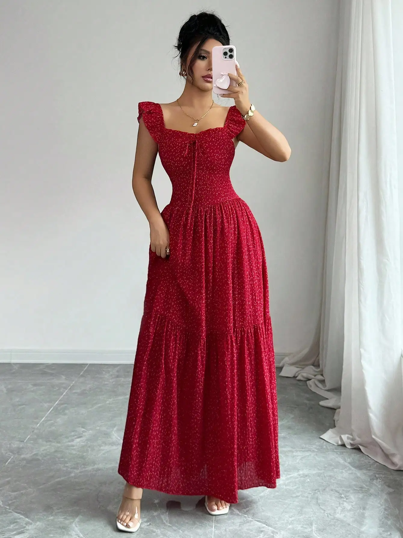 Vestido Maxi Vermelho com Poás para Mulheres, com Mangas em Camadas e Laço nas Costas, Estilo Elegante de Verão