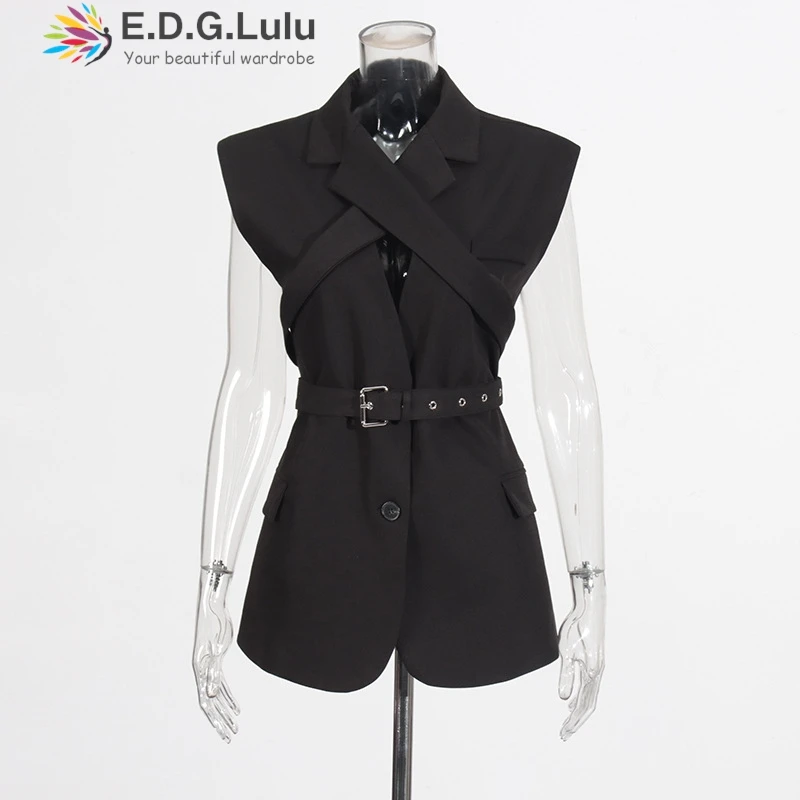 EDGLuLu Korean Fashion Design V-Neck Cross Black Vest Coat Casual Street Single Breasted Slim Fit Jacket+Sashes 0416