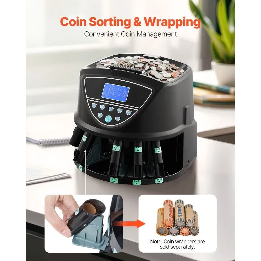 USD Coin Sorter, Coin Counter Machine for 5 Kinds of USD Coins, Coin Sorter and Wrapper Machine Holds up to 2000 Coins, Screen