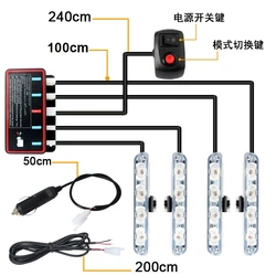 1 Set 4*4 LED 12V Strobe Lights For Car Grille Emergency Ambulance Police Flashing Light With Switch Red White Amber Blue