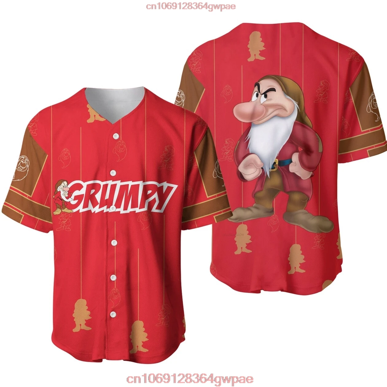 Angry Grumpy Dwarf Baseball Jersey Red Stripes Patterns Disney Baseball Shirt 3D T-shirt Disney Disney Casual Baseball T-shirt