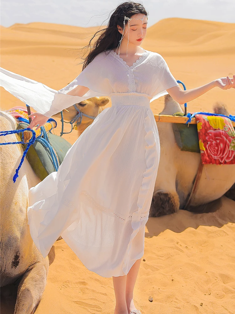 Khalee Yose สีขาว Elegant Maxi ชุดชีฟองลูกไม้ขึ้นในฤดูร้อนเปลือยหลัง Boho เสื้อผ้ากุลสตรี Flare แขน Holiday Beach Vestidos