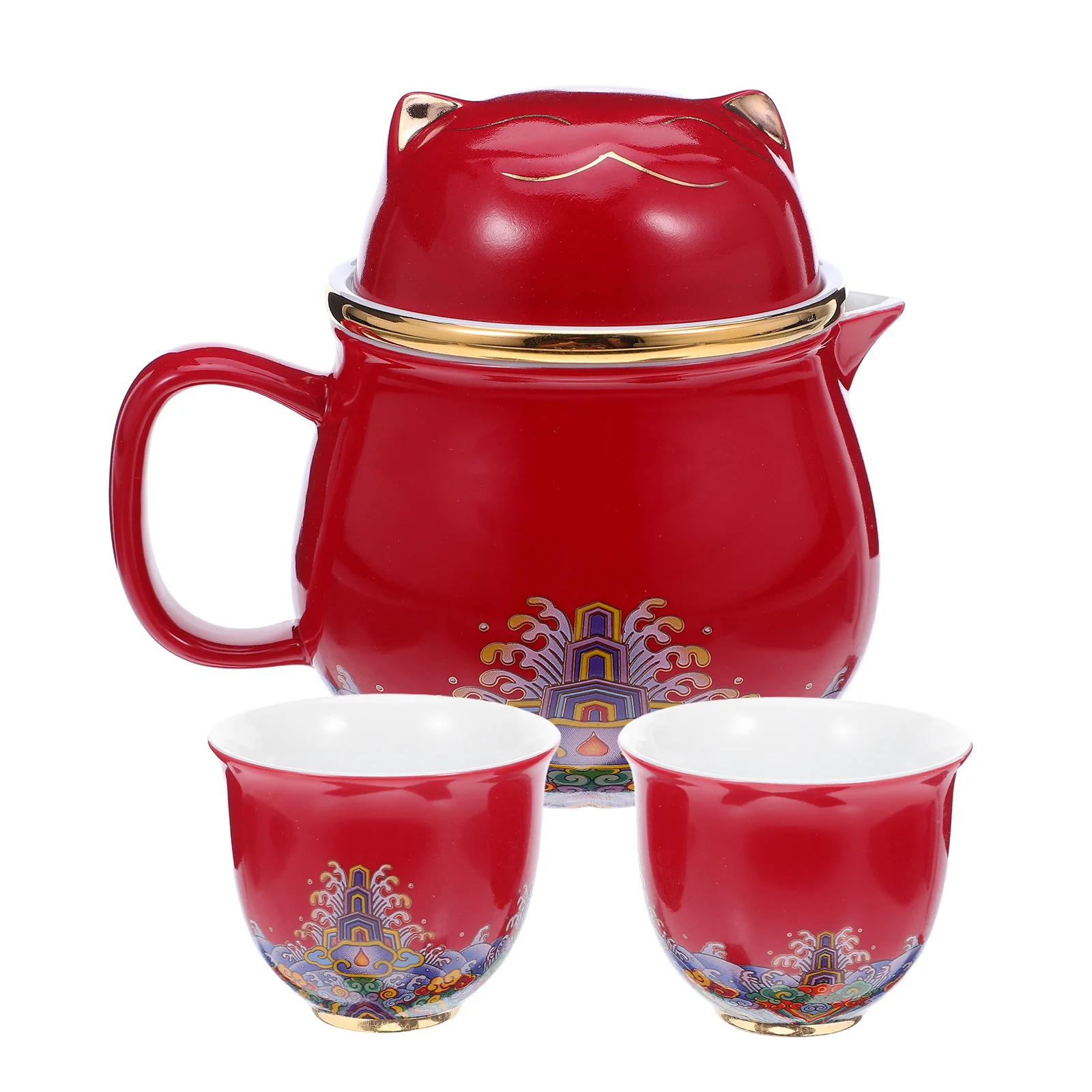 

1Set Porcelain Lucky Cat Ceramic Tea Set Gold Accent Portable Kungfu Teapot Cups Office Travel Relaxation Gongfu Tea Set