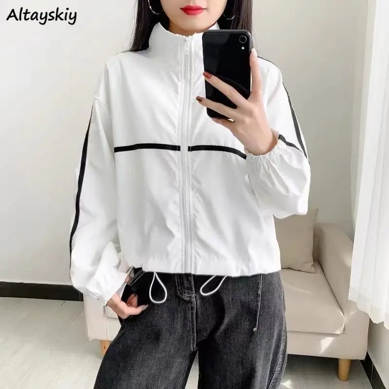 

Zip-up Women Jackets Stand Collar Long-sleeve Korean Loose Striped Casual Fashion Vintage Autumn Coats New Trendy Ulzzang