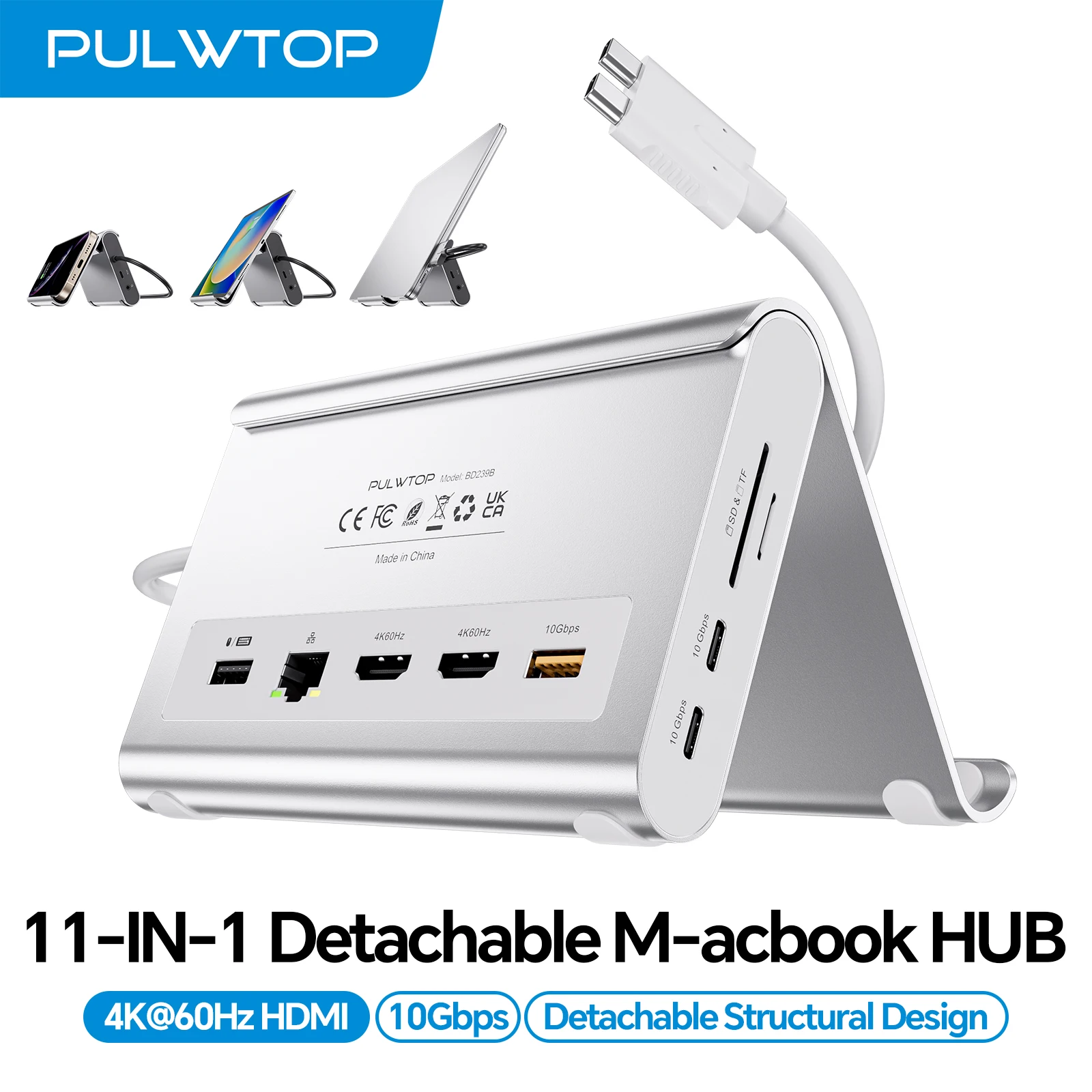 PULWTOP USB C Docking Station Dual Monitor for MacBook Pro/Air,  with 2X 4K@60Hz HDMI, 100W PD, Ethernet, SD/TF, 10Gbps USB A/C