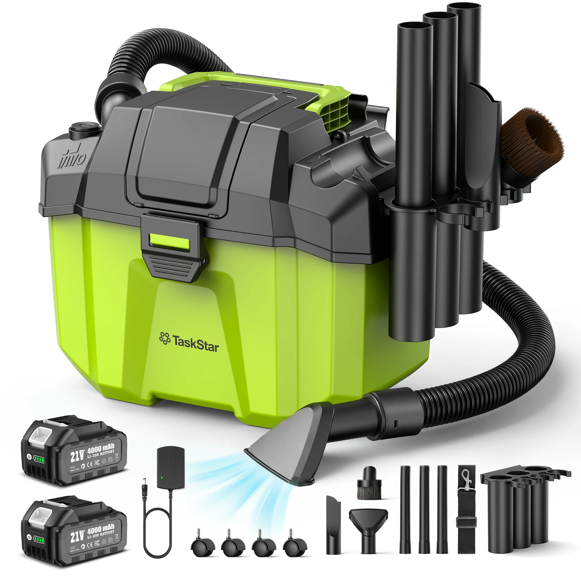 

Taskstar K-903 Cordless Household Vacuum Cleaner 2.6Gal Wet and Dry Dust Collector Brushless VAC Set with 4 Wheels Accessory Storage 2x4.0Ah Batteries for Makita