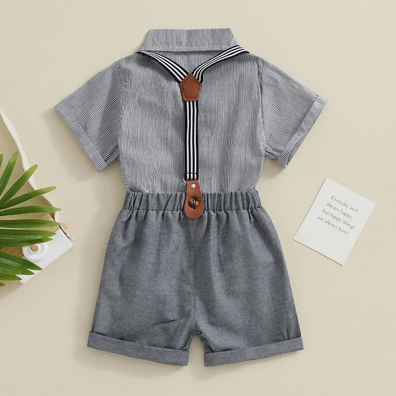 

Toddler Boy Stripe Shirt and Short Set Baby Gentleman Outfit Button Down Shirt with Bowtie Suspender Shorts Overalls