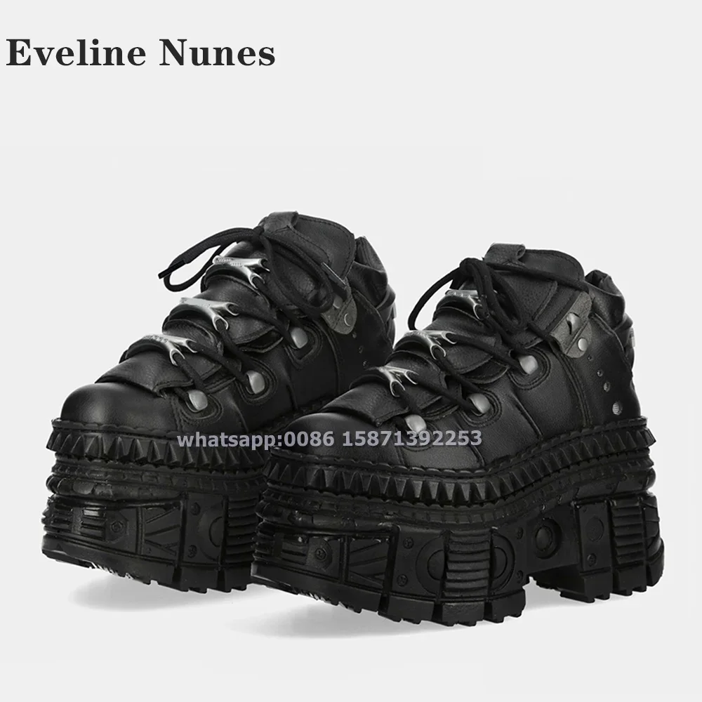 

Platform Rivet Lace Up Punk Pumps Black Couple Sneakers 2024 Round Toe Height Increasing Heavy Metal Cool Dark Motorcycle Boots