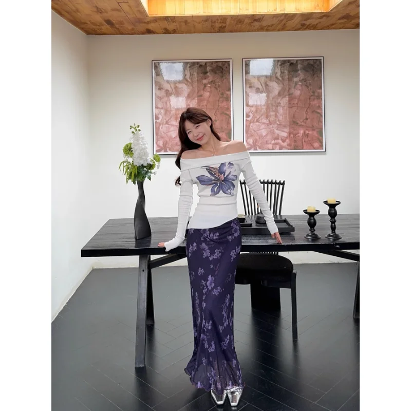 

Faionable Floral Print ter Ne Dr Women's Summer New Sle Ele Fi Tail Skirt f Skirt Trendy Girls