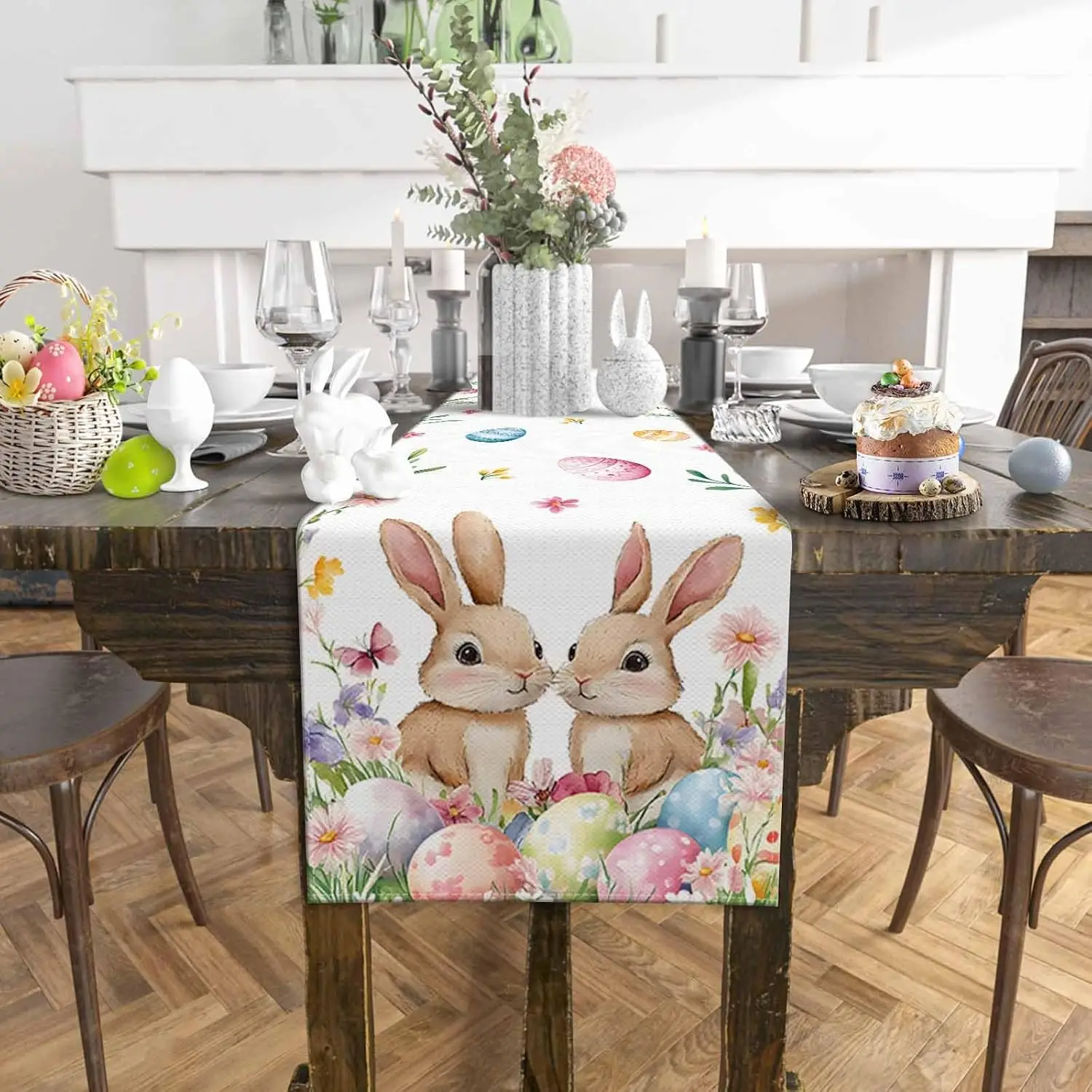 Spring Easter Bunny Colorful Eggs Floral Linen Table Runner Party Decor Farmhouse Kitchen Dining Table Runner Easter Decorations