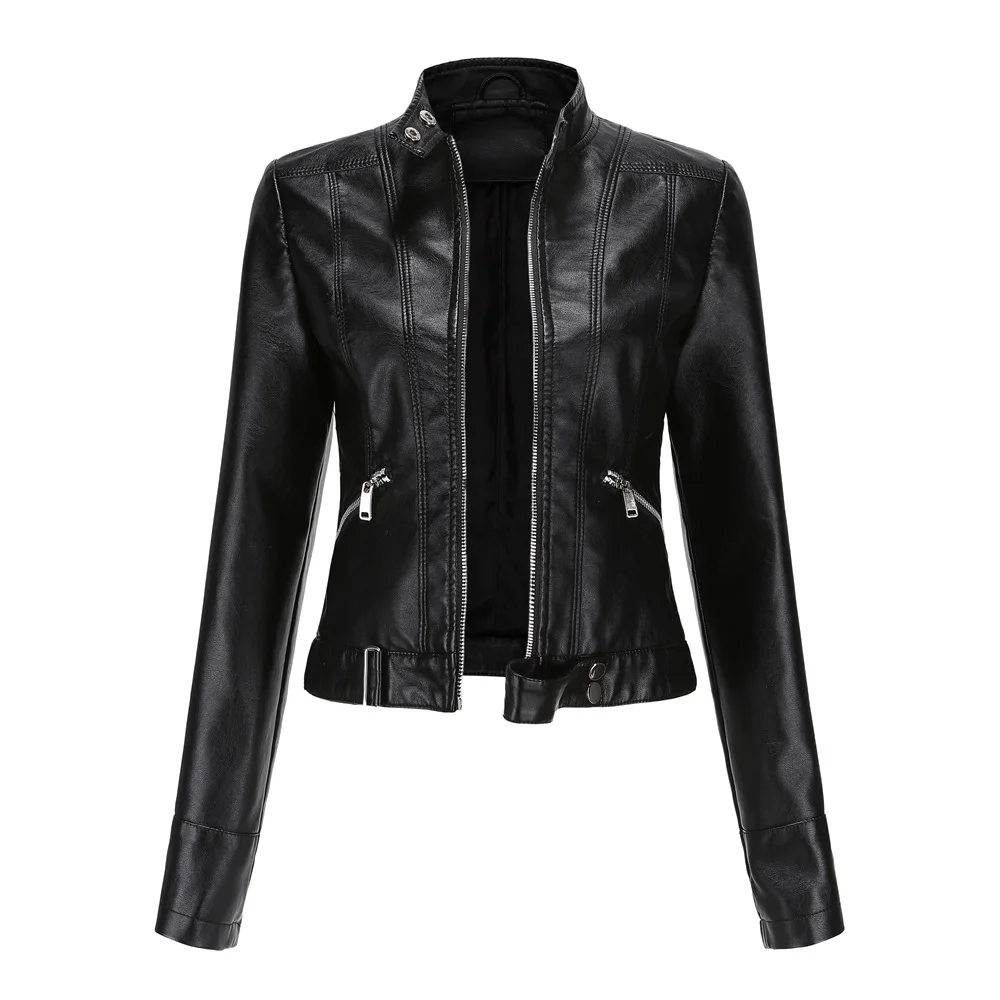 Chaqueta corta de cuero con cremallera para mujer, chaqueta de motocicleta con cuello de pie, color negro, primavera y otoño