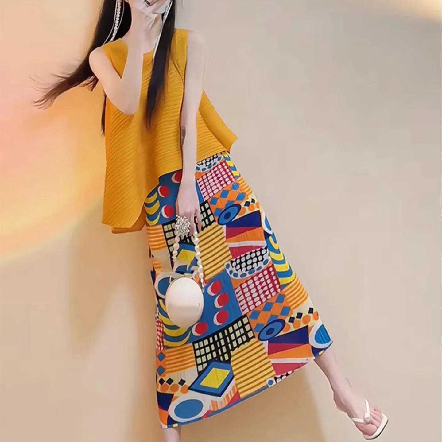 

Miyake Summer New 2025 Orange Sleeveless Pleated Top French Plisse Sweet Girl Slim Wear Pleats Print Pleat Skirt Pleated Suit