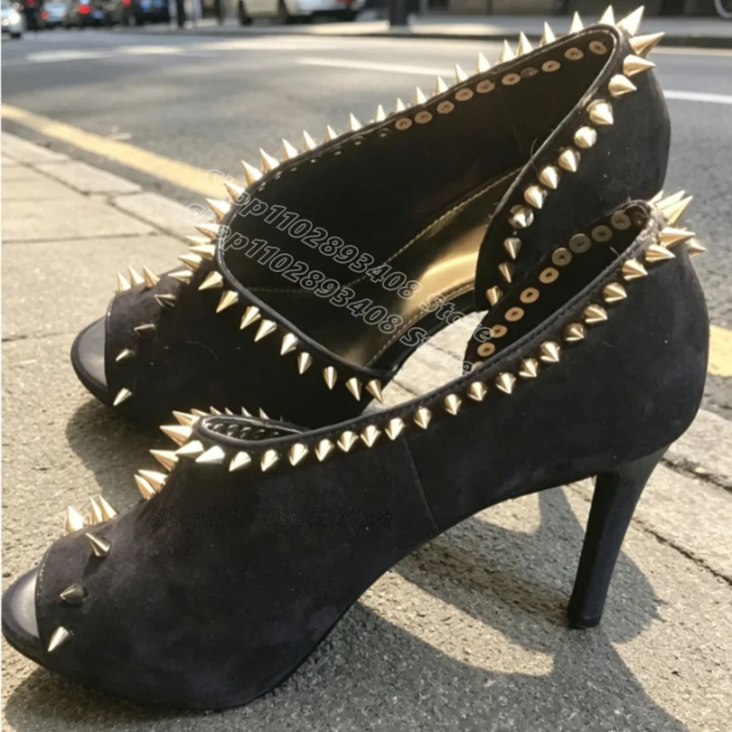 Black Flock Rivet Decor Sandals Open Toe Shallow Stiletto British Style Sexy Design Women Casual Sandals Zapatos Para Mujere