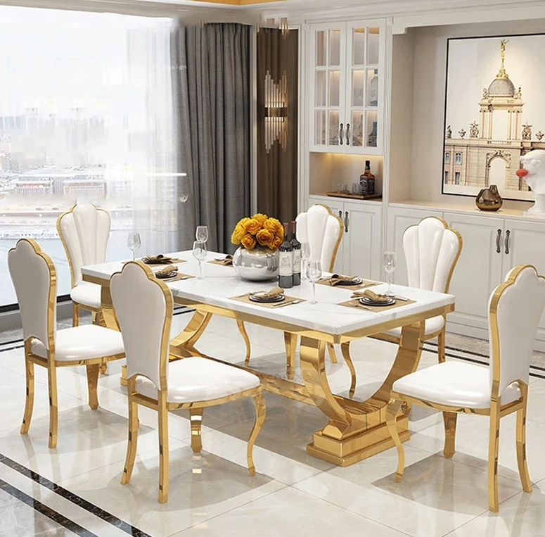

Luxury European Dining Table Set Modern Marble Top Stainless Steel Frame 8 Chairs Golden Hotel Restaurant Villa Furniture