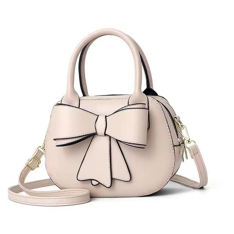 

New Ladies Fashion PU Versatile Shoulder Bag Girls Trend Bow Small Round Bag Double Zipper Exquisite Messenger Bag