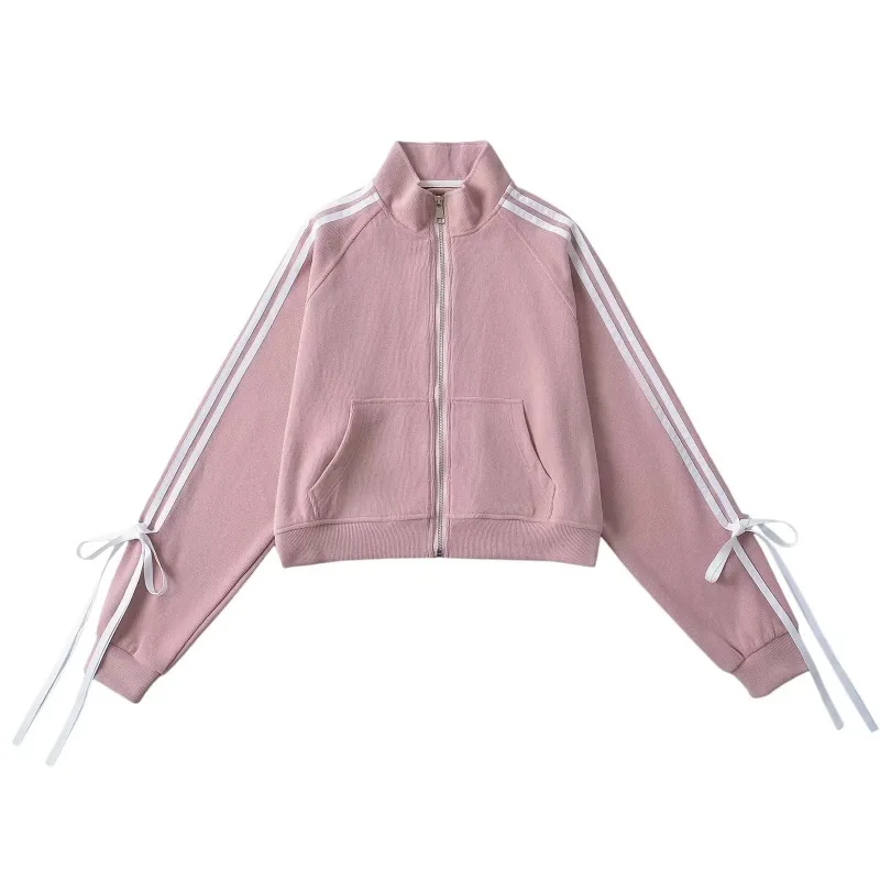 

2024 Spring Autumn Sweet Side Pull Stripes Bow Tops Standing Collar Loose Sports Jacket Zip Cardigan