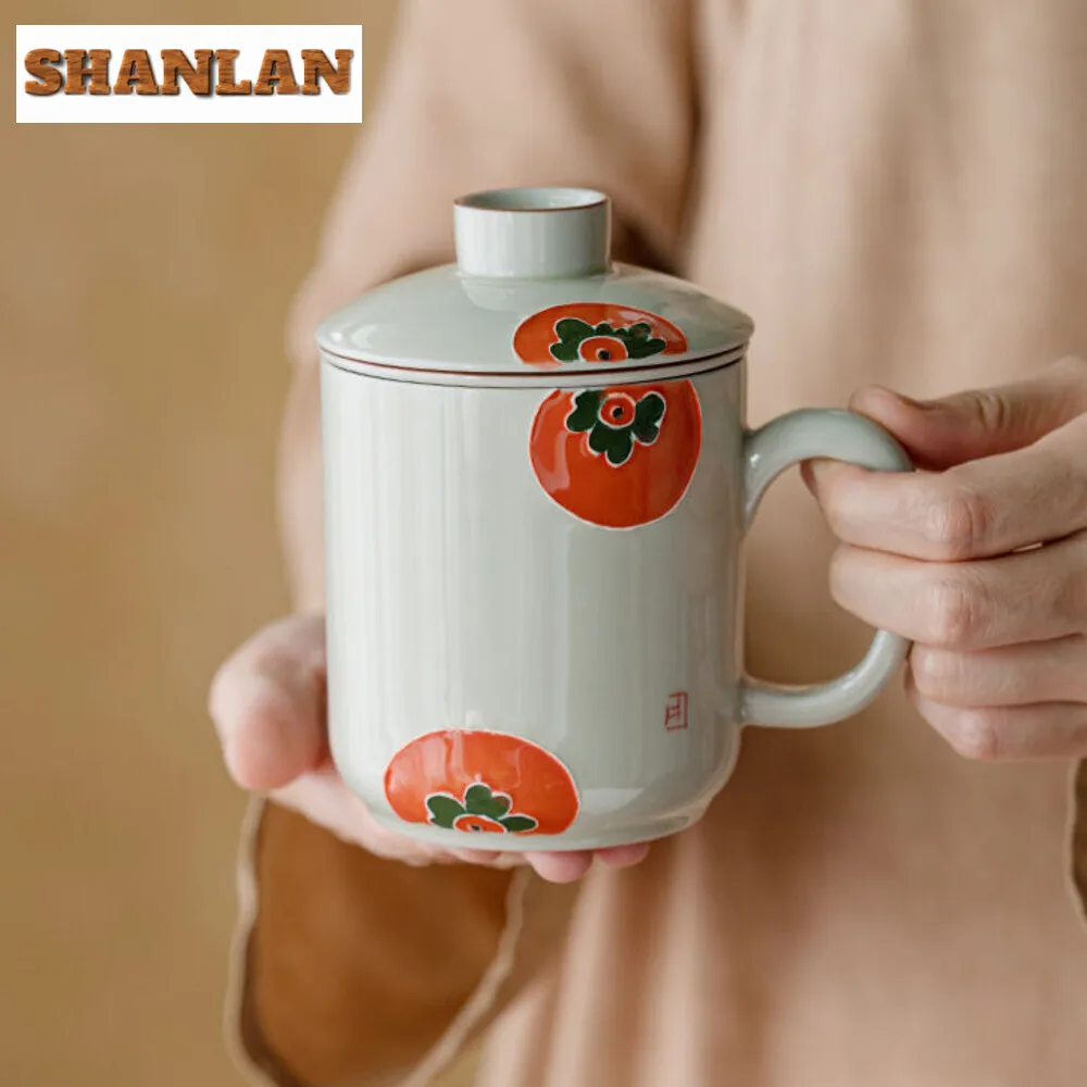 320ml Handpainted Relief Persimmon Teacup Household Separation Mug Retro Coffee Cup Mug with Filter Tea Soaking Drinkware Crafts